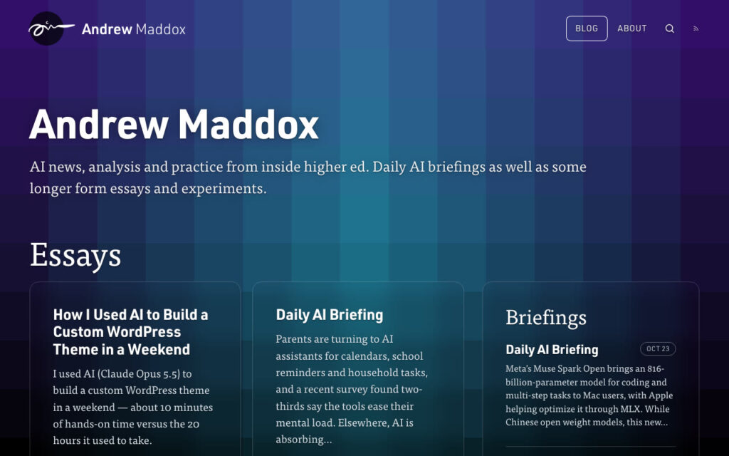 After: andrewmaddox.com homepage, above the fold
