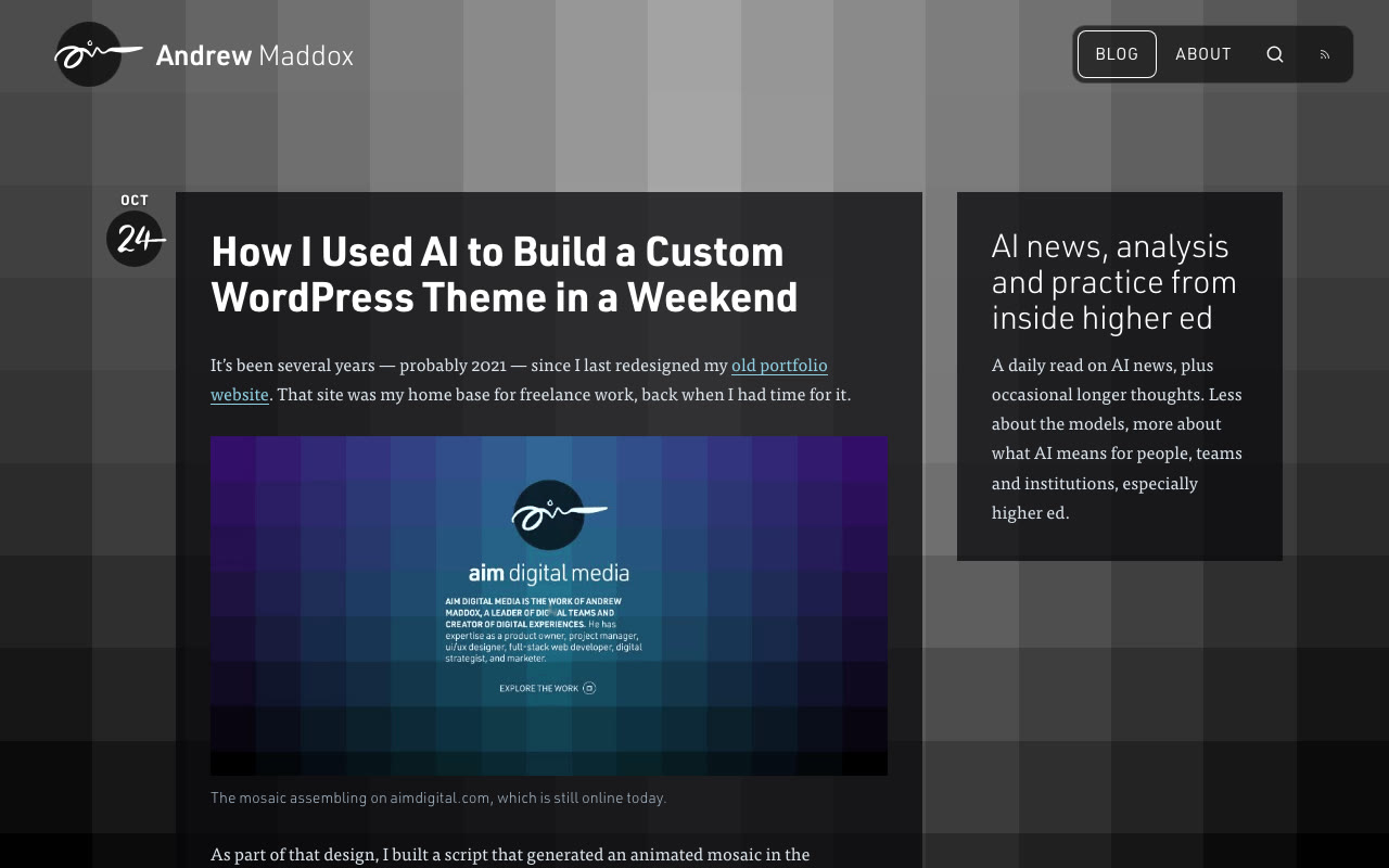 Before: andrewmaddox.com homepage, above the fold