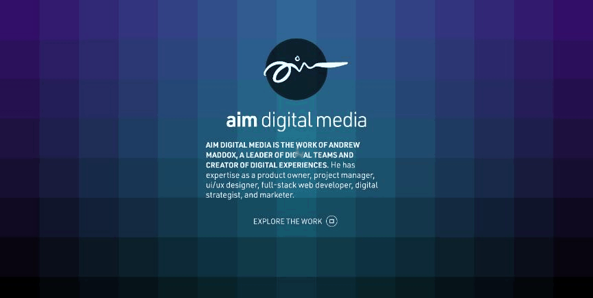 Animated mosaic of colored tiles assembling into the background of aimdigital.com