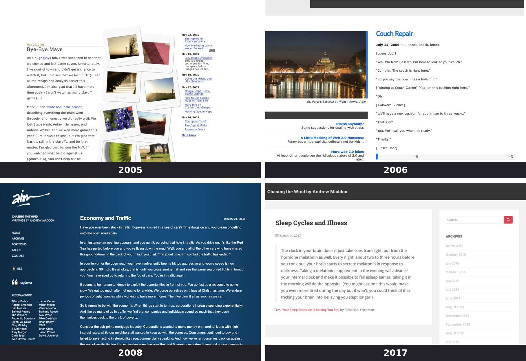 Four past designs of Andrew Maddox's blog from 2005, 2006, 2008 and 2017, captured by the Wayback Machine