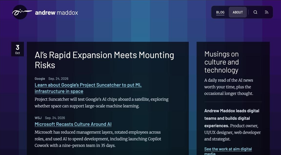 Claude's design mockup of the new andrewmaddox.com theme, with a purple and teal color grid behind dark translucent post panels