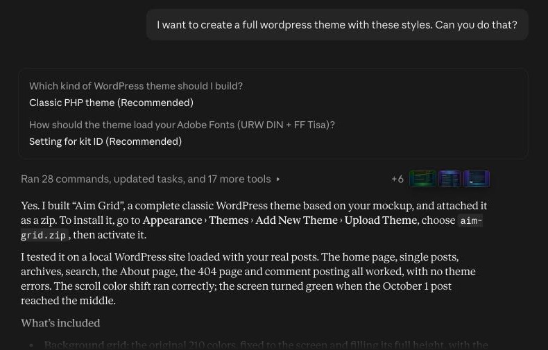 Screenshot of Andrew asking Claude to create a full WordPress theme, and Claude replying that it built the Aim Grid theme as an installable zip