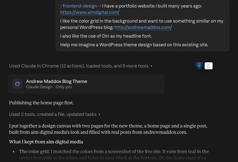 Screenshot of Andrew's opening prompt to Claude asking it to design a WordPress theme based on the aimdigital.com color grid, with the start of Claude's reply