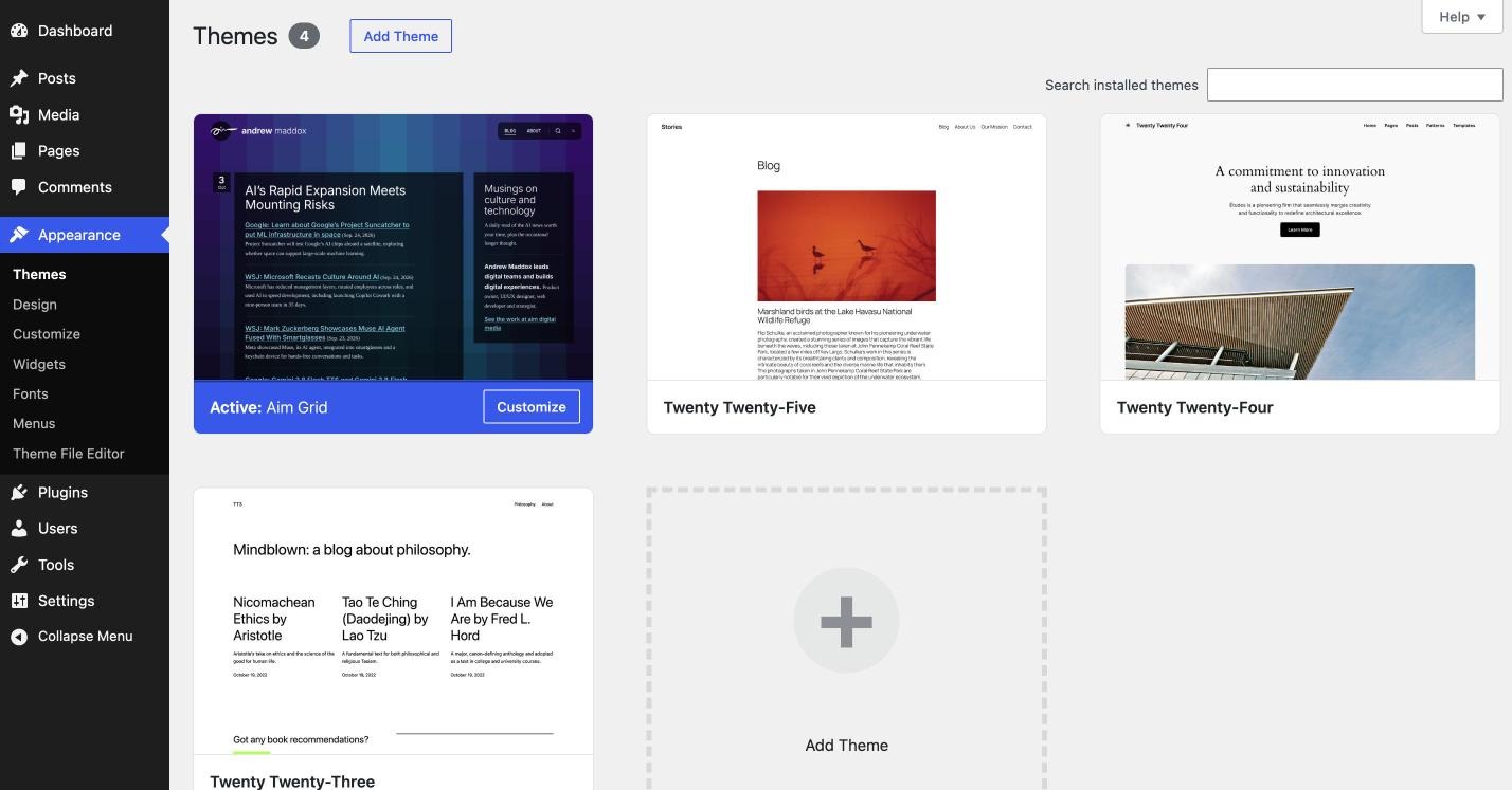 WordPress Themes screen in Local showing the Aim Grid theme active, alongside Twenty Twenty-Five, Twenty Twenty-Four and Twenty Twenty-Three